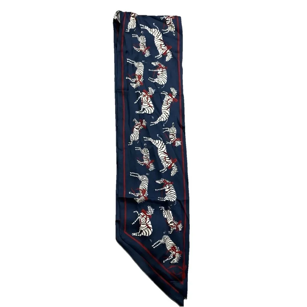 J Crew Silk Skinny Scarf Womens One Size Navy Red Zebra Bow Twilly BS227